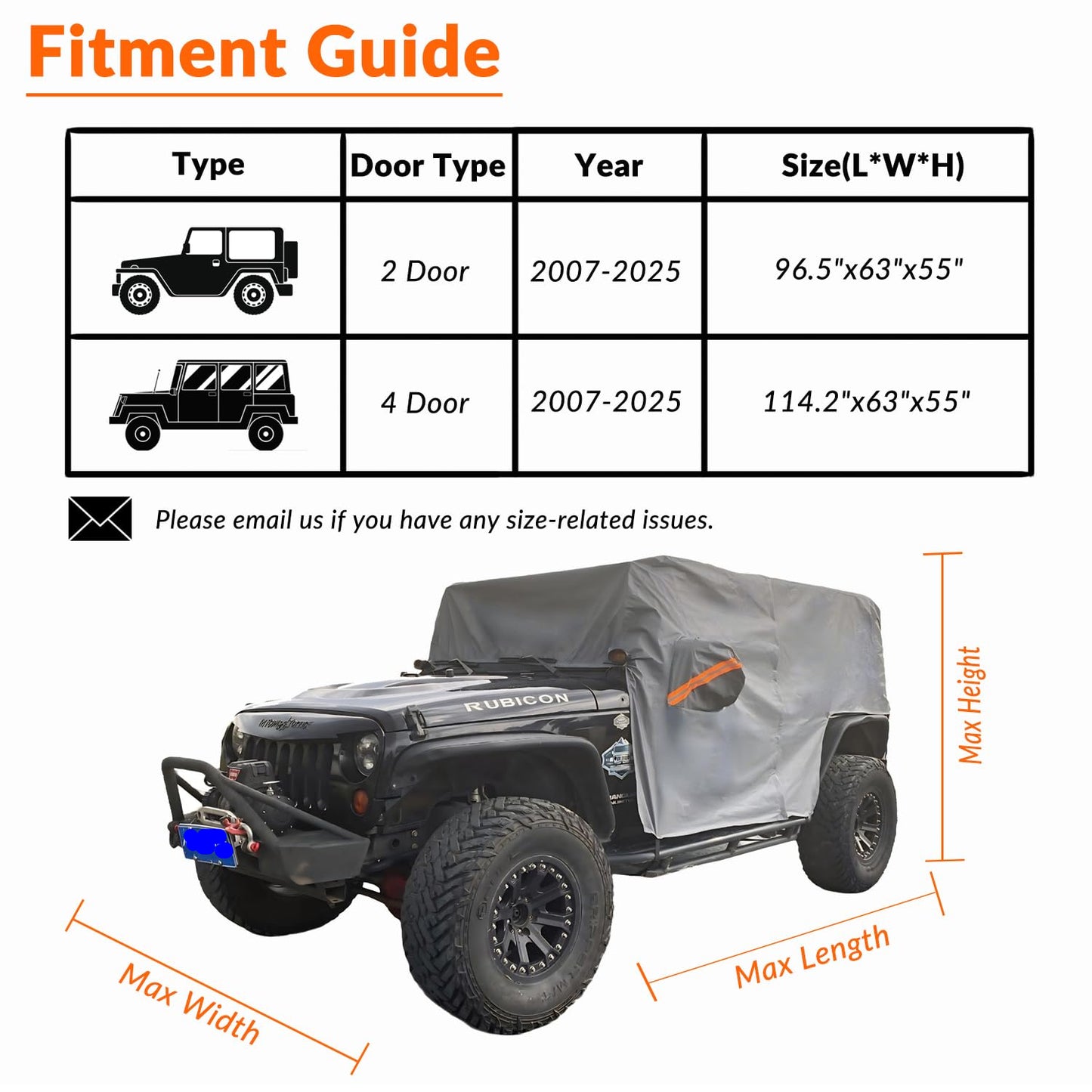 Waterproof Jeep Cab Cover with Zipper & Liner for 2007-2025 Wrangler 4-Door