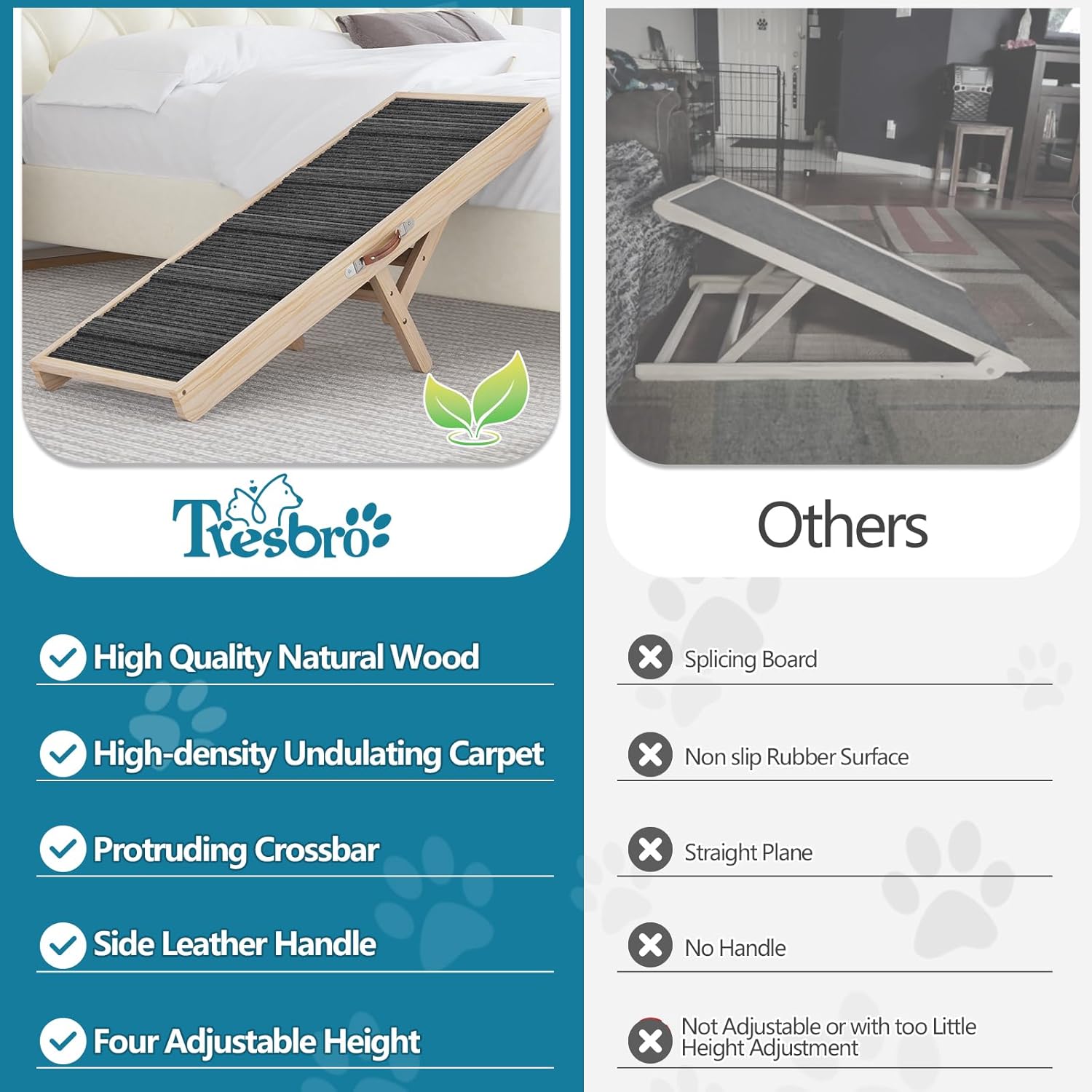 Tresbro Dog Ramp for Bed, 47.24'' Long Pet Ramp with Adjustable 14.56'' to 24'' Height, Portable Dog Ramp Hold up to 200LBS with Anti-Slip Mat & Carrying Handle for Small & Medium Dogs to Get on Couch