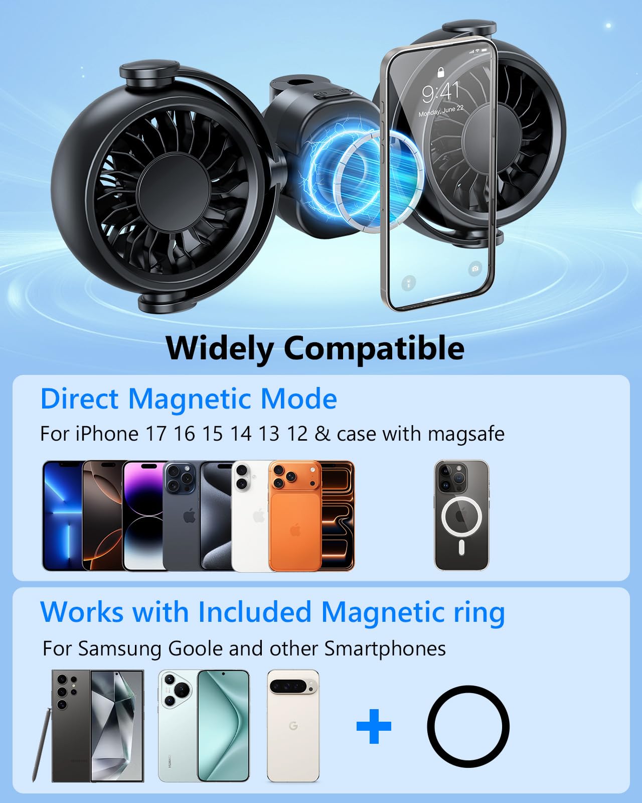 Backseat Car Fan with Magsafe Holder, 3 Speeds, Rechargeable