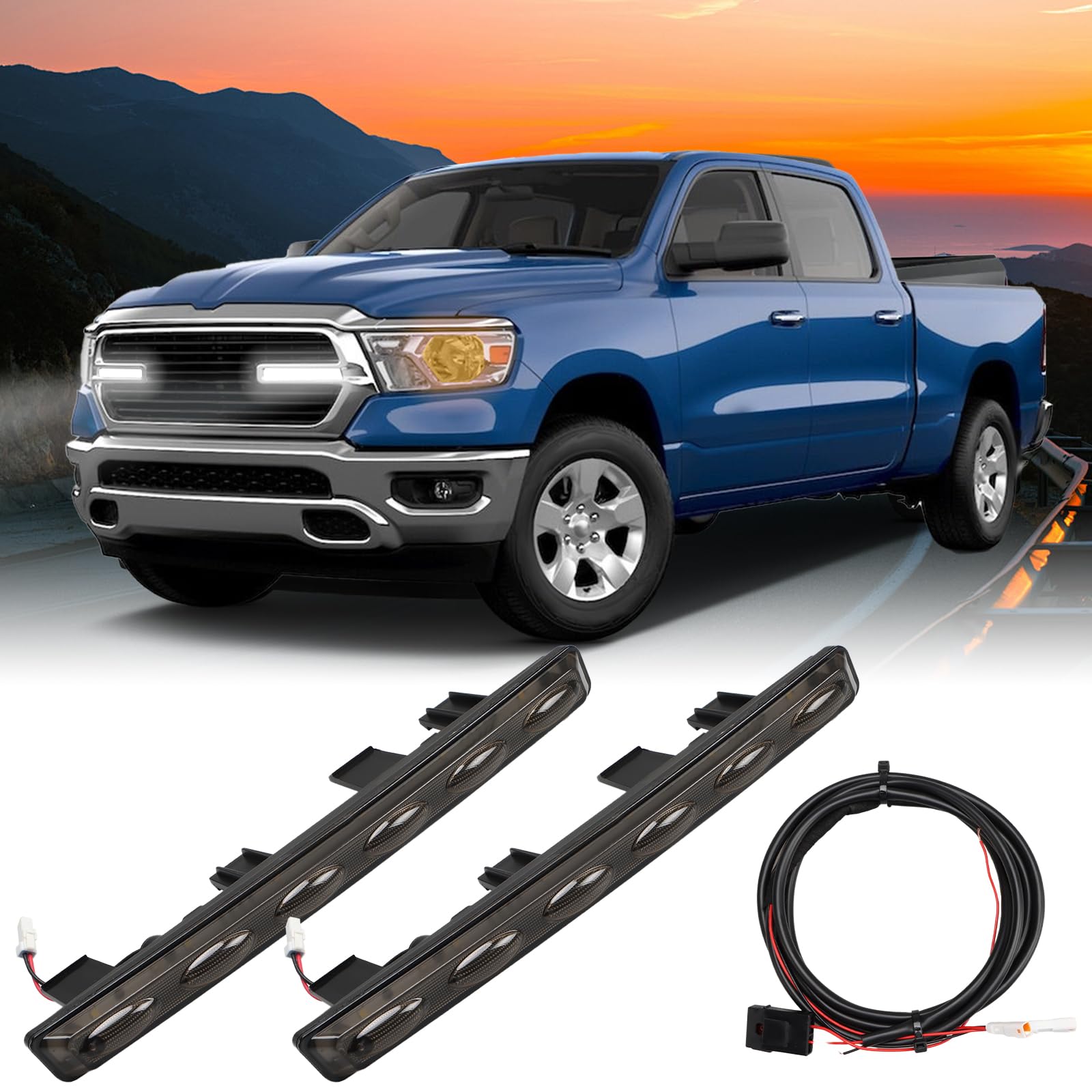 FUSCH Pair of LED Front Grille Lights Compatible with 2019-2024 Dodge Ram 1500, Waterproof Exterior Grille Trim Lamp with Wiring Harness Kit, Radiator Grille Light Fit for Big Horn Laramie Tradesman