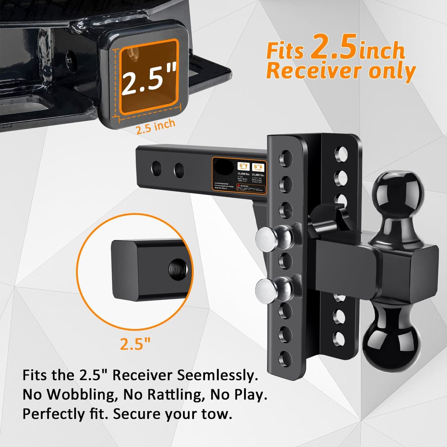Adjustable 2.5" Trailer Hitch - 6" Drop/Rise, 2"/2-5/16" Balls, 22,000 lb GTW, Anti-Theft Pin (Black)