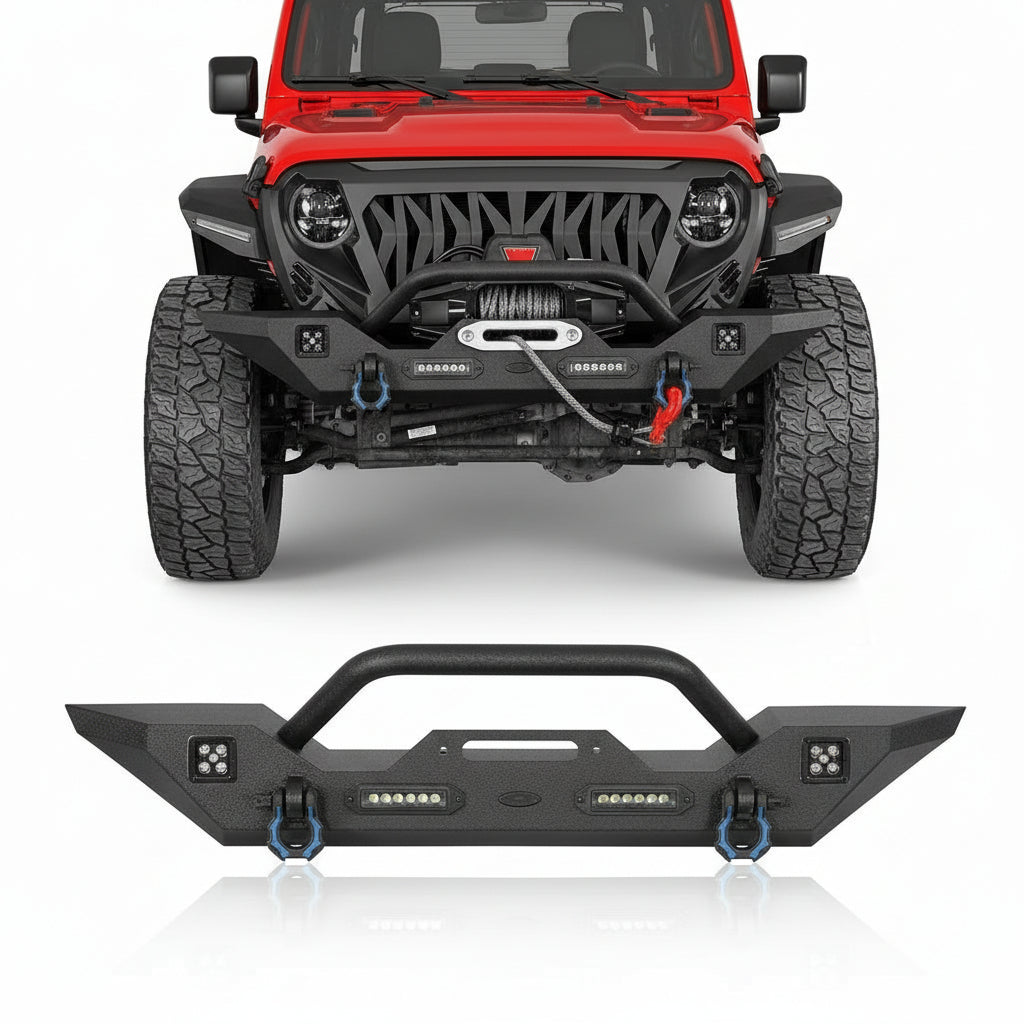 Hooke Road Sturdy Front Bumper for Jeep Gladiator JT (2020-2025) & Wrangler JK JL (2007-2025), Offroad Steel Bumper with Bright Lights D-rings and Built-in Winch Plate