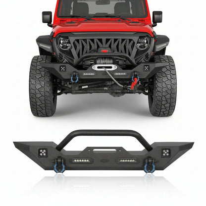Hooke Road Sturdy Front Bumper for Jeep Gladiator JT (2020-2025) & Wrangler JK JL (2007-2025), Offroad Steel Bumper with Bright Lights D-rings and Built-in Winch Plate