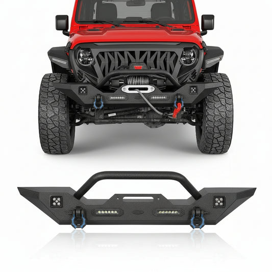 Hooke Road Sturdy Front Bumper for Jeep Gladiator JT (2020-2025) & Wrangler JK JL (2007-2025), Offroad Steel Bumper with Bright Lights D-rings and Built-in Winch Plate