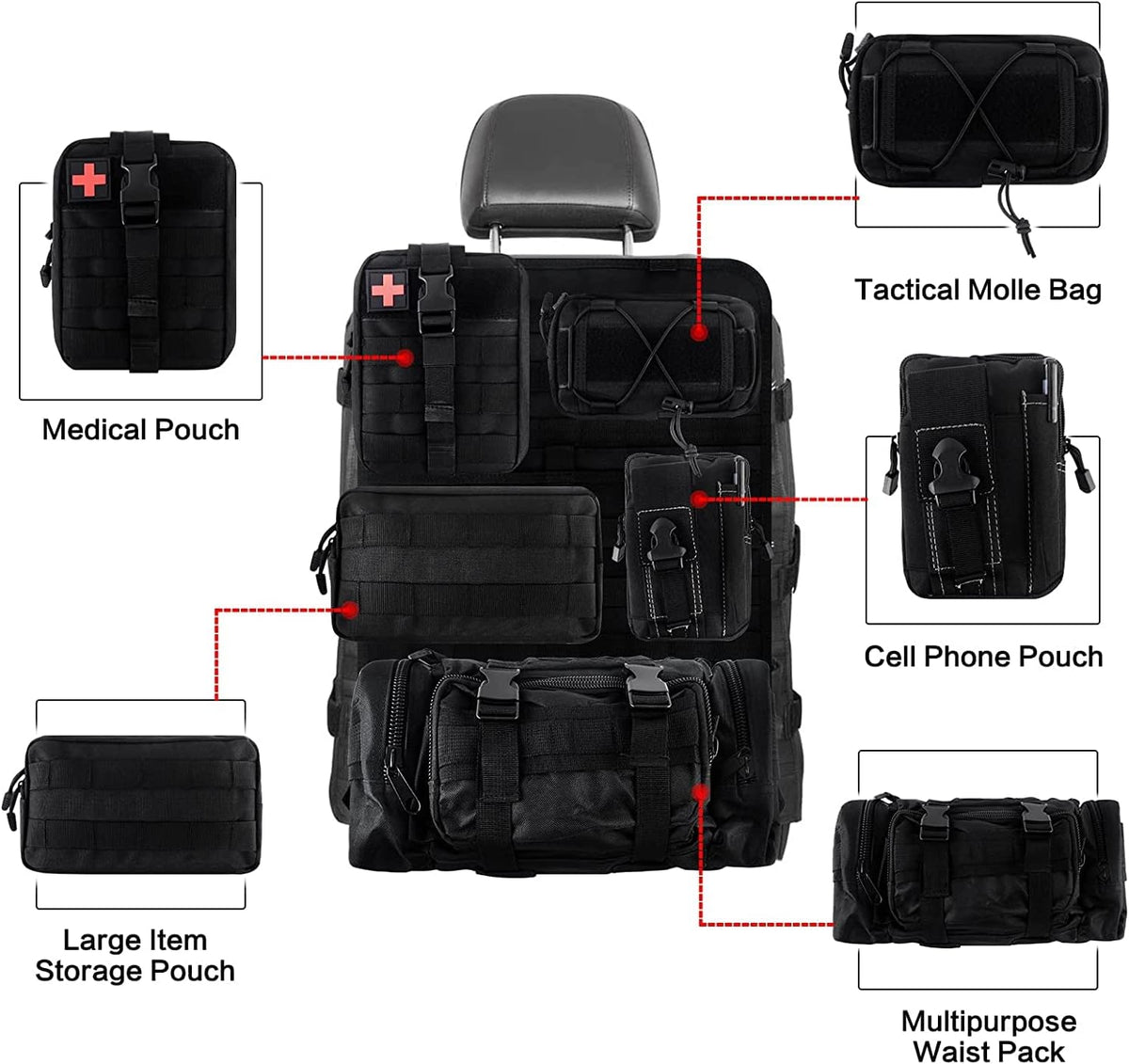 Universal Tactical Vehicle Seat Back Organizer with 5 Detachable Molle Pouch