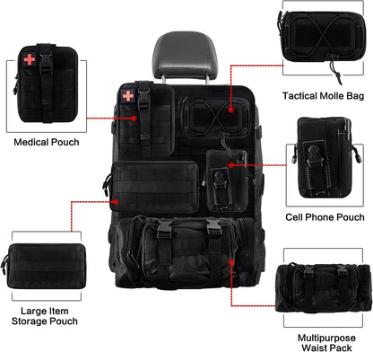 Universal Tactical Vehicle Seat Back Organizer with 5 Detachable Molle Pouch