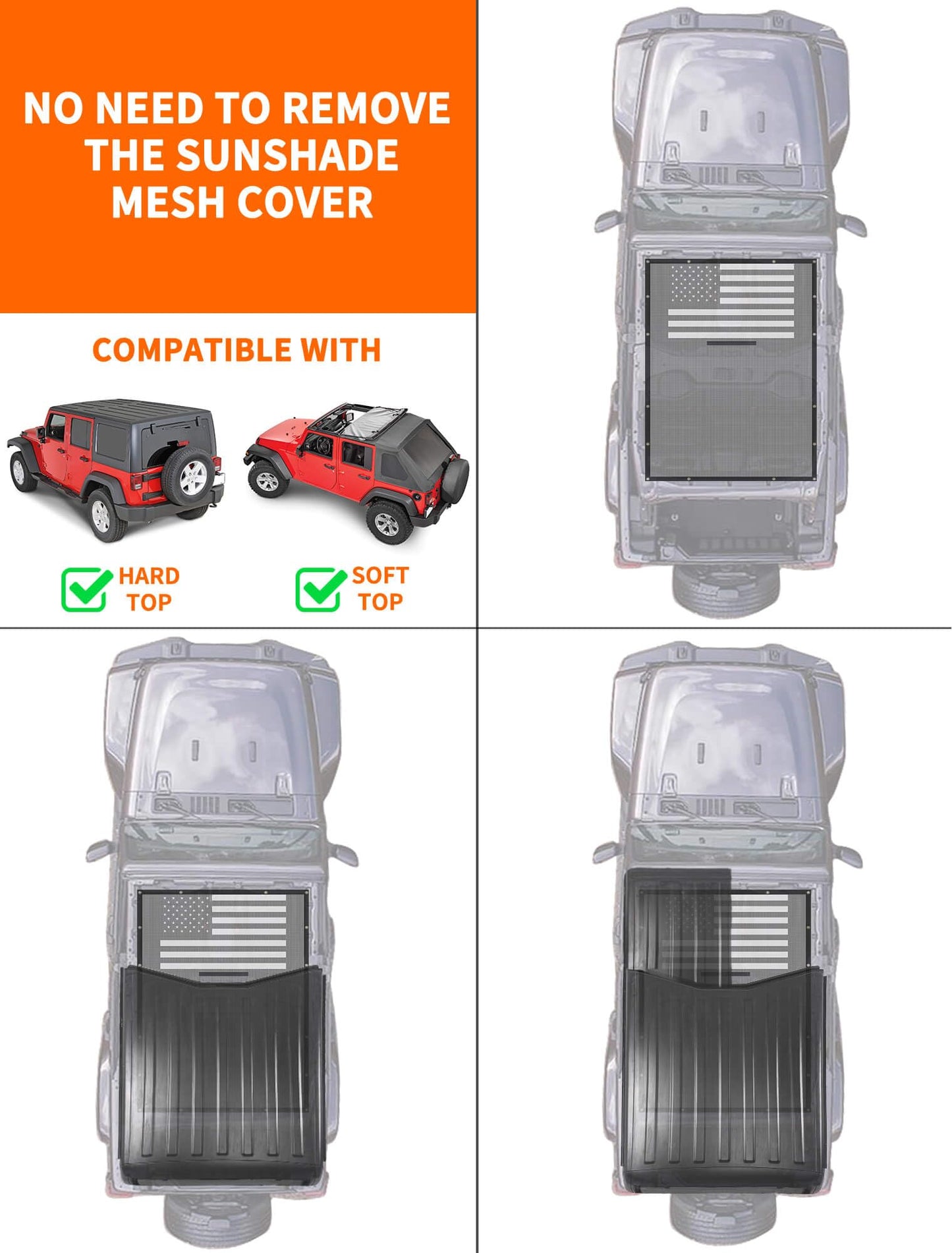 American Flag Mesh Roof Shade for 2018-2023 Jeep Wrangler JL 4XE 4-Door - Black