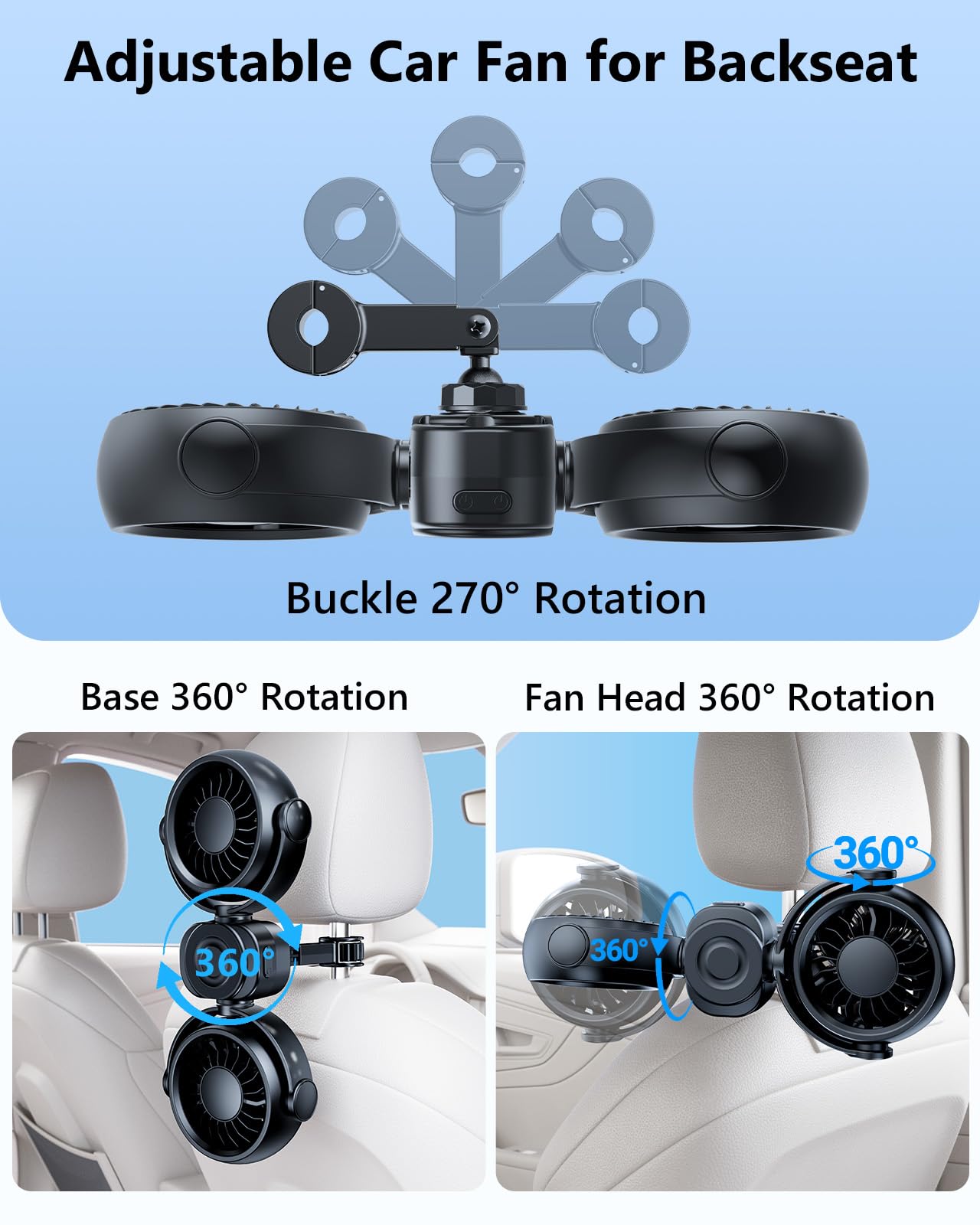 Backseat Car Fan with Magsafe Holder, 3 Speeds, Rechargeable