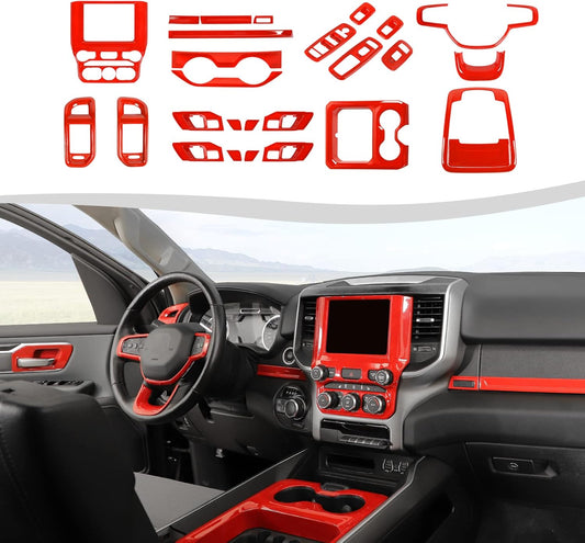 27Pcs Interior Trim Kit Cover Compatible with 2018-2025 Dodge RAM 1500 4-Door,Cup Holder Door Handle Dashboard Panel Roof Reading Light Side Outlet Cover Trim(Red)