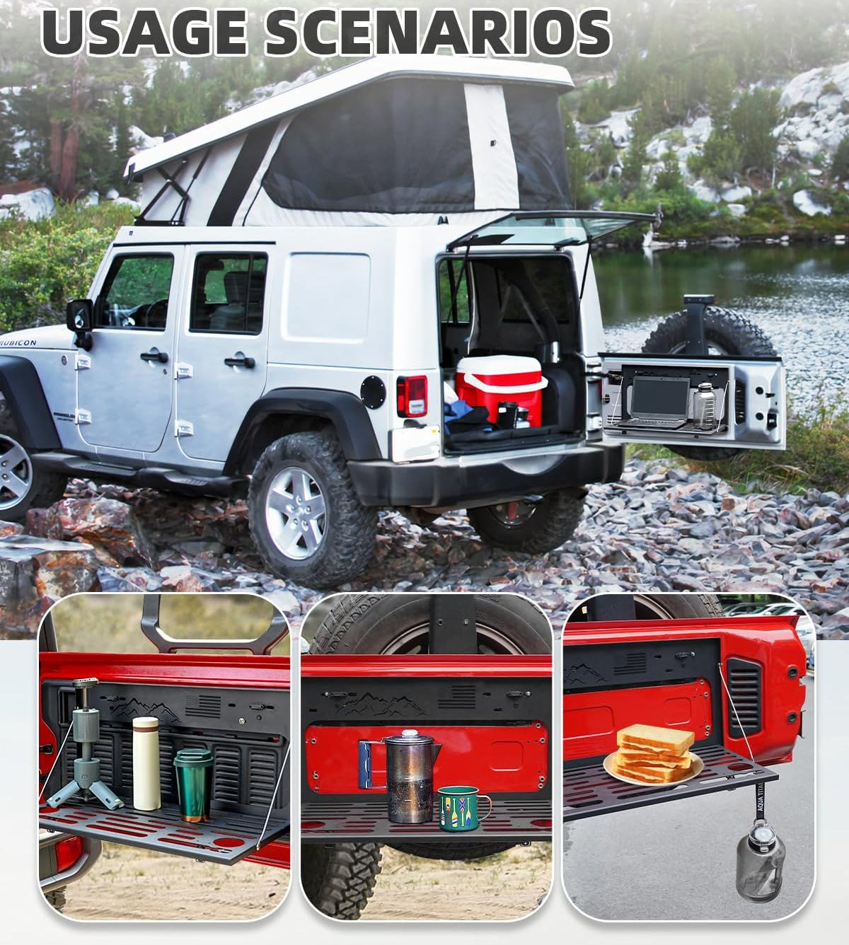 Black Stainless Steel Foldable Tailgate Table for 2007-2025 Jeep Wrangler - Supports 75 lb