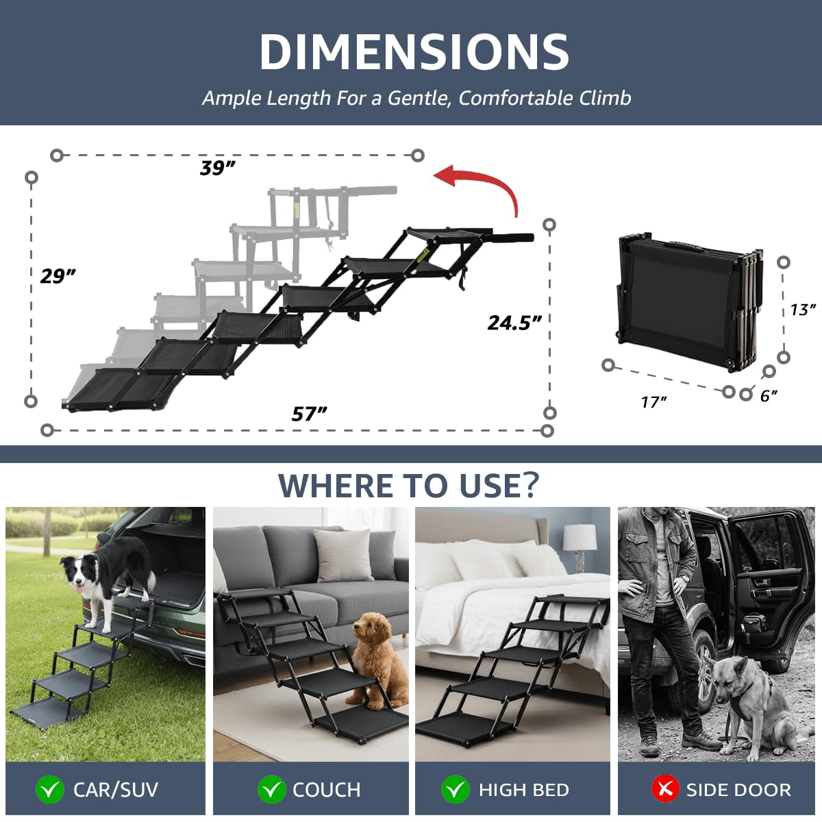 5-Step Foldable Dog Stairs - Extra Wide, 250 lb Capacity, Non-Slip Surface for Large Dogs