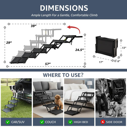 5-Step Foldable Dog Stairs - Extra Wide, 250 lb Capacity, Non-Slip Surface for Large Dogs