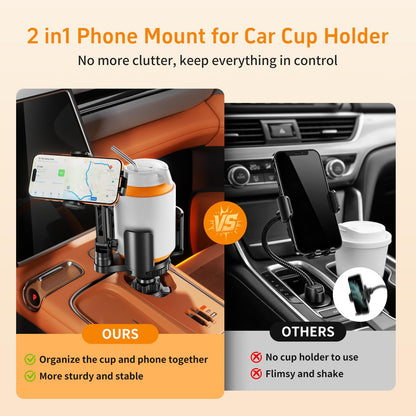 2-in-1 Cup Holder Phone Mount with Expander - Adjustable Arm/360° Rotation for 4-7" Phones & 5.31" Bottles