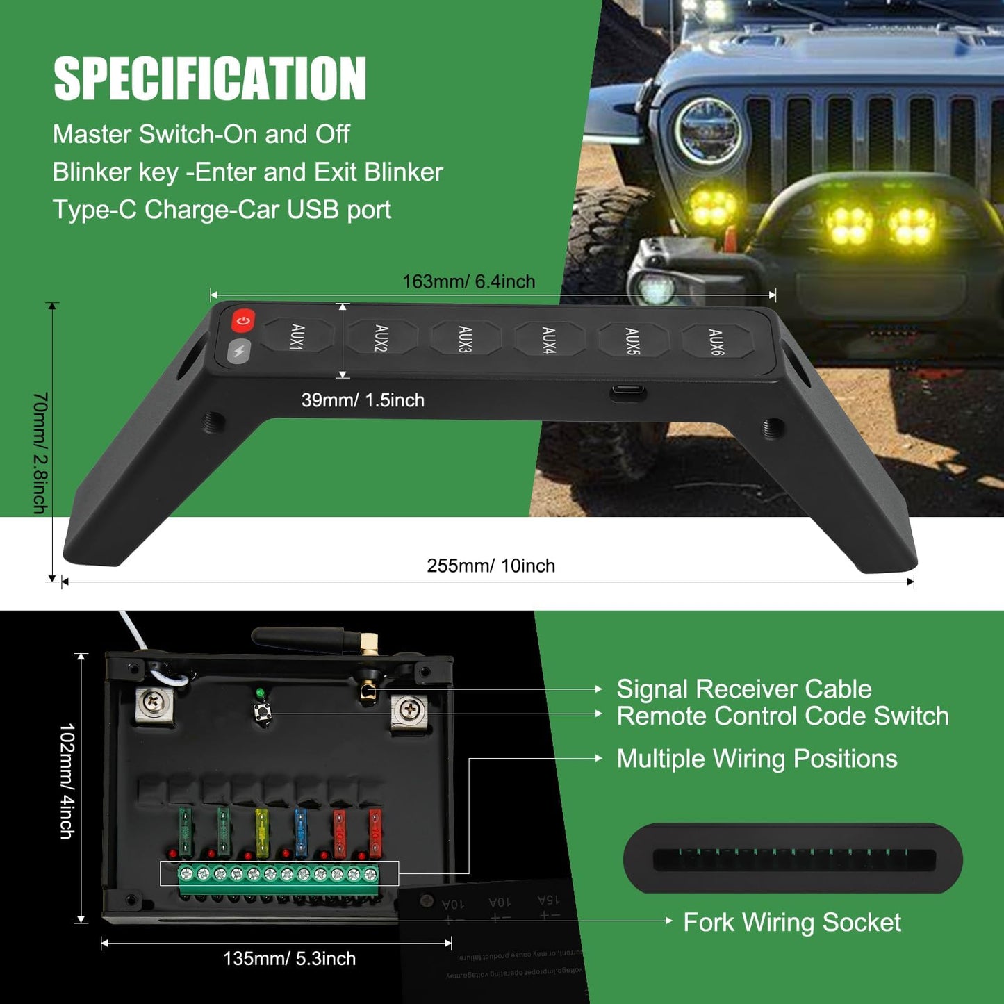 JL Gladiator Grab Handle Switch Panel, Aluminum, 6-Gang, Strobe Mode