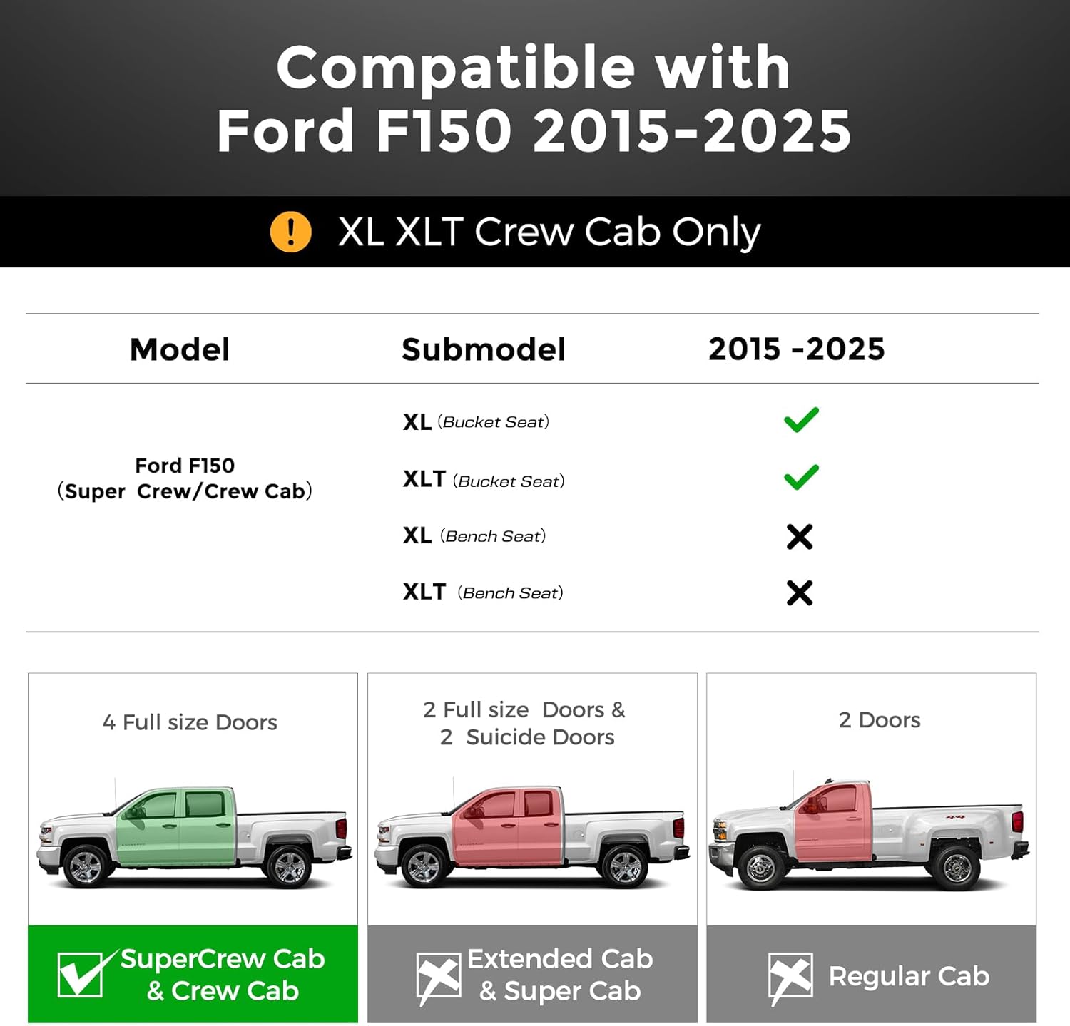 CreekT® Full Set Leather Seat Covers for Ford F150 2015-2025, Waterproof Pickup Seat Covers Custom Fit for Ford F-150 Accessories, for F150 2020 2021 2022 2023 2024 2025 Super Crew/Crew Cab(XL,XLT)