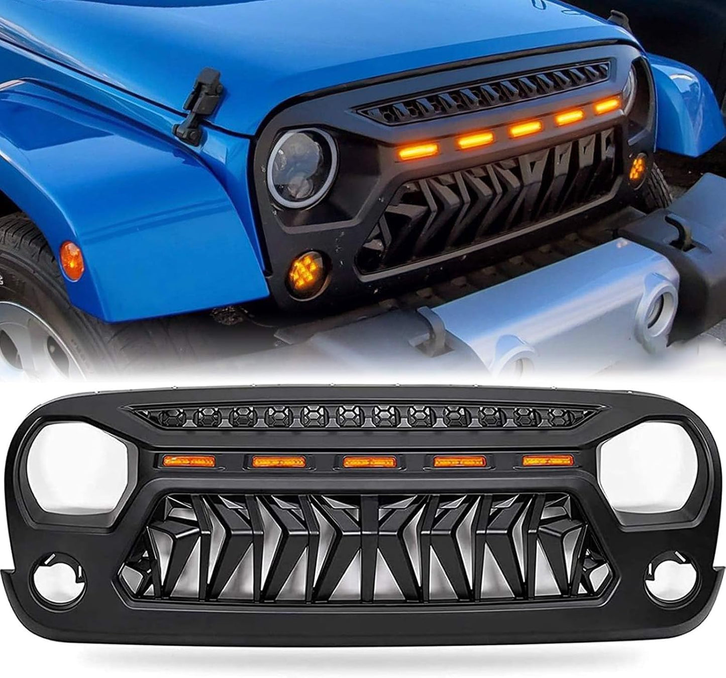 Jeep Wrangler JK Shark Grille with Amber Lights - Matte Black (2007-2018)