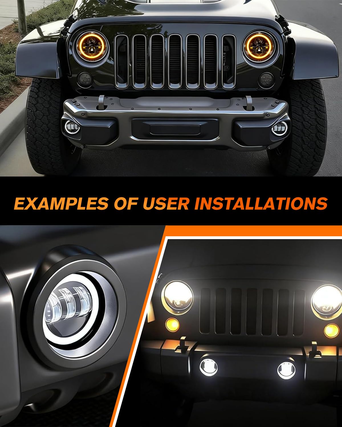 7 Inch Round LED Headlights with Halo & Amber Turn Signal + 4 Inch LED Fog Lights