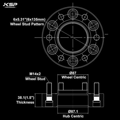 1.5" (38mm) Hub-Centric Wheel Spacers 6x135 for 2004-2014 Ford F-150/Expedition/Mark LT - M14x2, 87.1mm Bore
