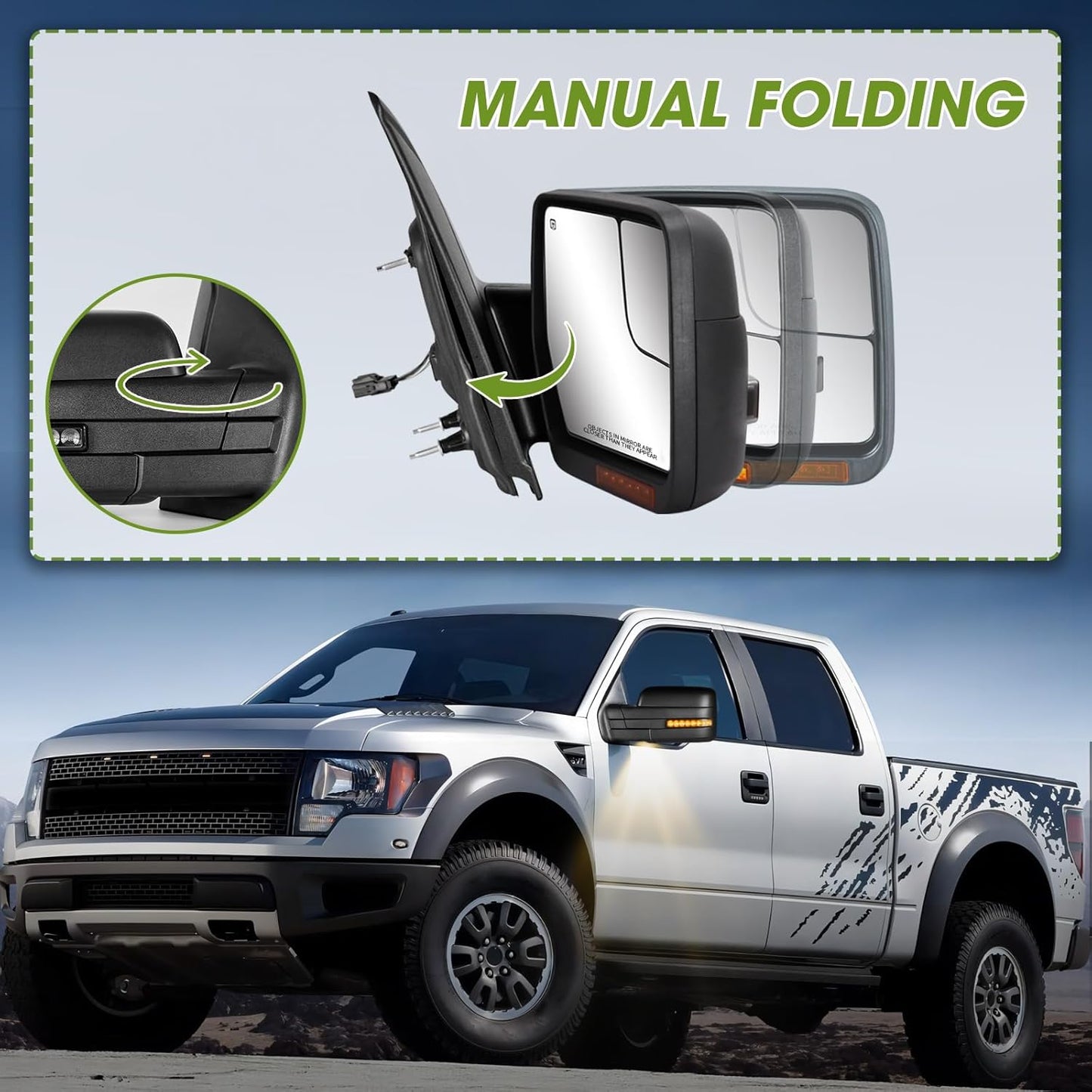 Side Mirrors for 2004-2014 Ford F-150 with Dynamic Turn Signal Puddle Light Heated Power Glass Manual Folding Tow Mirrors- Pair