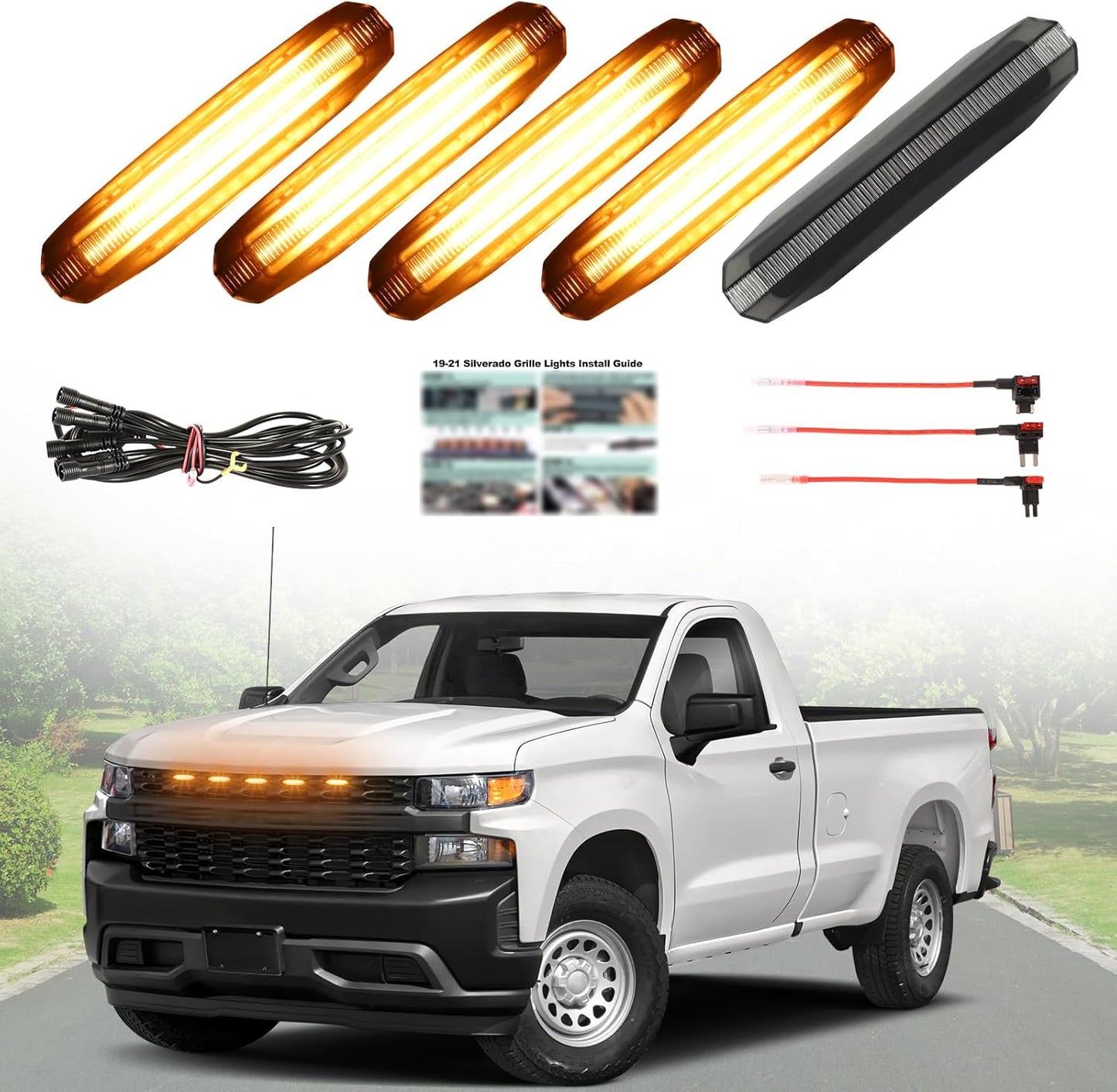 LED Grill Lights for 2019-2021 Chevy Silverado 1500 Grille Racing Lights Fits Custom Trail Boss WT Models Only,No Drill Installation,Silverado Accessories (Amber Style, 5)