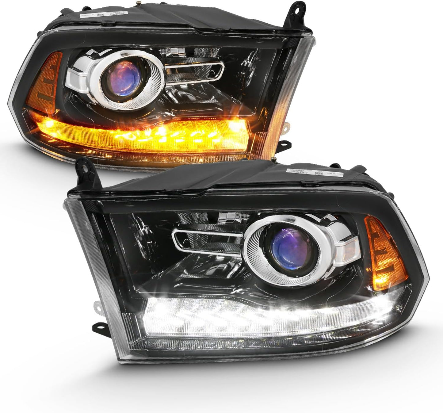 AmeriLite for 2009-2018 Dodge Ram 1500 2500 3500 BOTH Models Switchback LED Polished Black Replacement Projector Headlight Assembly Set - Passenger and Driver Side