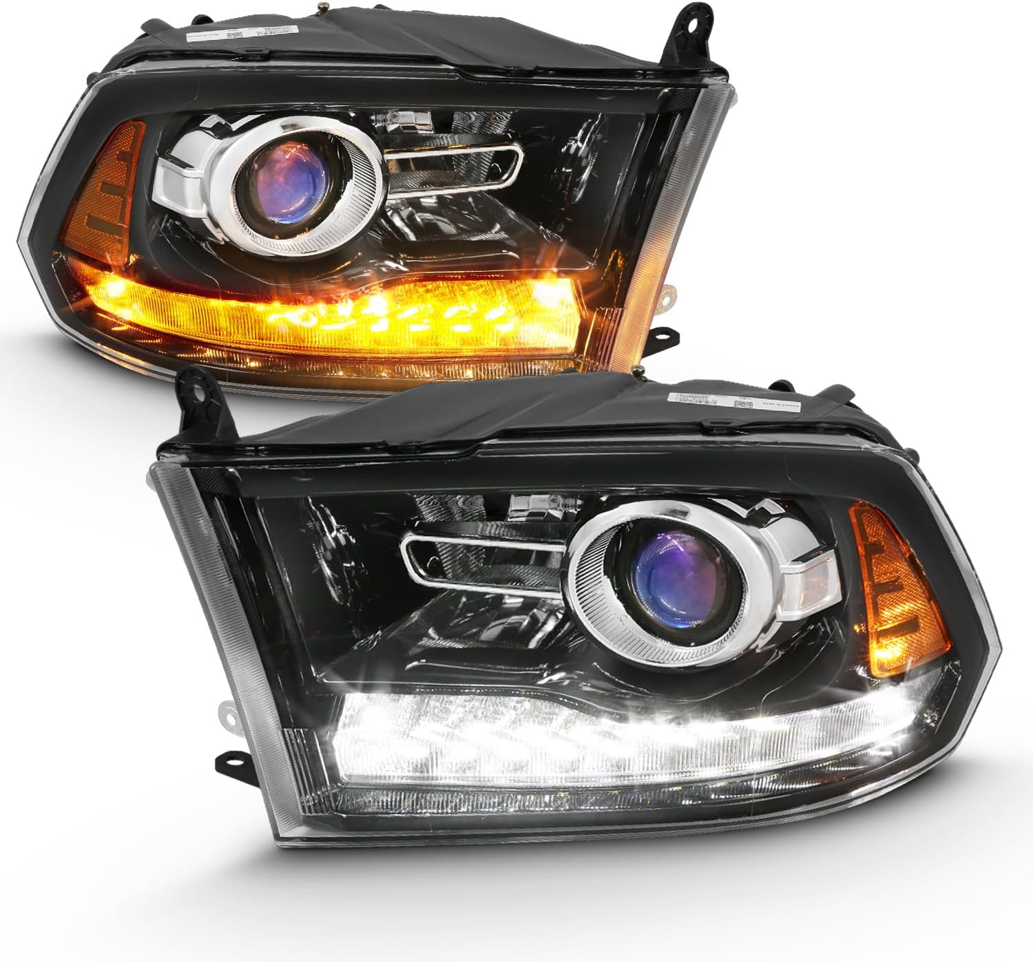 AmeriLite for 2009-2018 Dodge Ram 1500 2500 3500 BOTH Models Switchback LED Polished Black Replacement Projector Headlight Assembly Set - Passenger and Driver Side