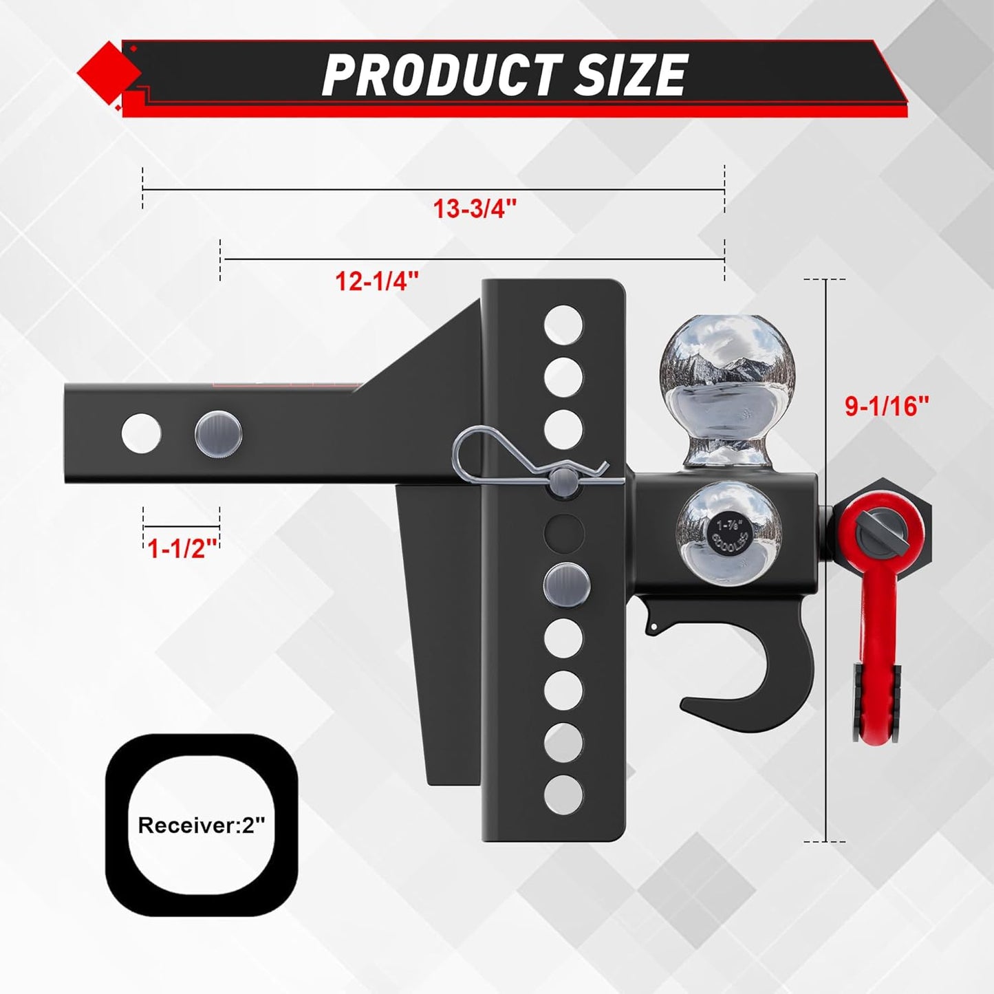 Adjustable Tri-Ball Hitch (4.5") for 2" Receiver - Triple Balls, Tow Hook, 10k GTW, Pin Lock + Tightener