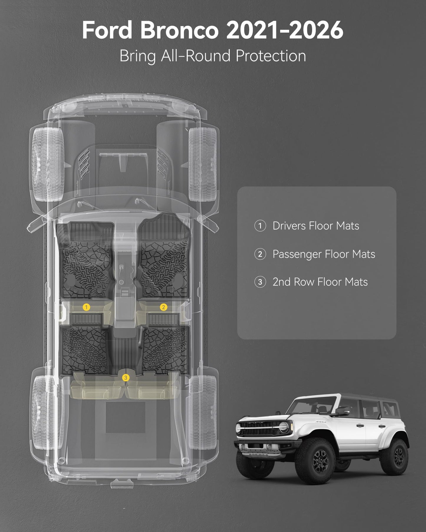 Floor Mats & Cargo Liner & Back Seat Cover for 2021-2026 Ford Bronco 4-Door (Excludes Sport & Rubberized Floor)