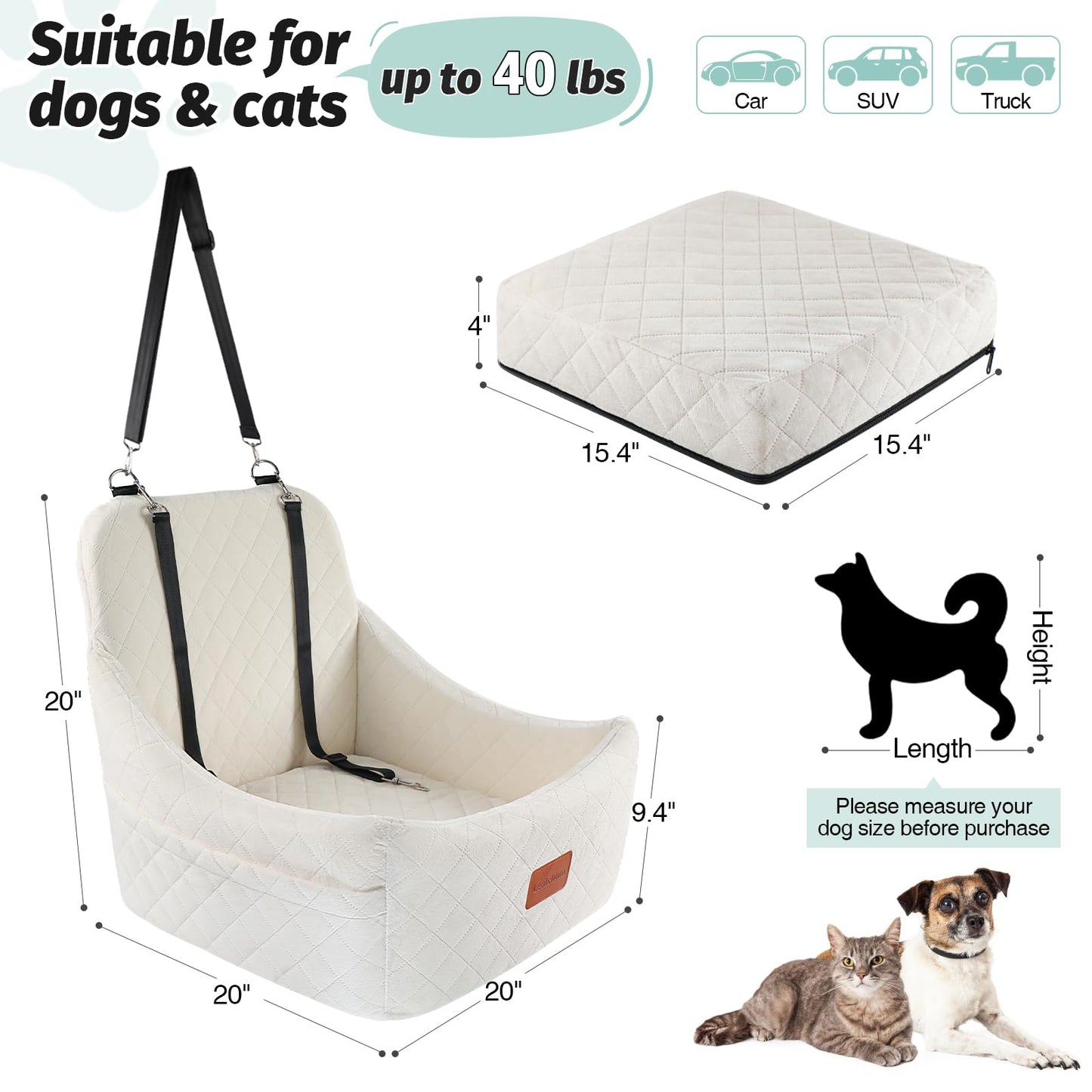 Dog Booster Car Seat for Medium Dogs Up to 40lbs Pets with 2 Clip-On Leashes