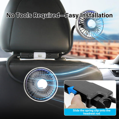 Dual Head Car Backseat Fan, 3-Speed with LED Light, USB Powered