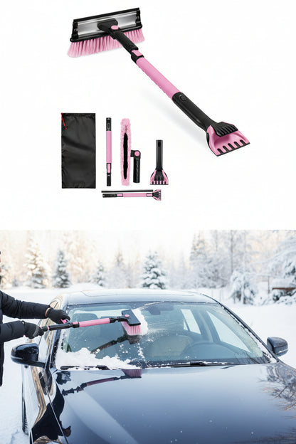 39" Extendable Snow Brush with Squeegee & Ice Scraper - 270° Pivot, Pink