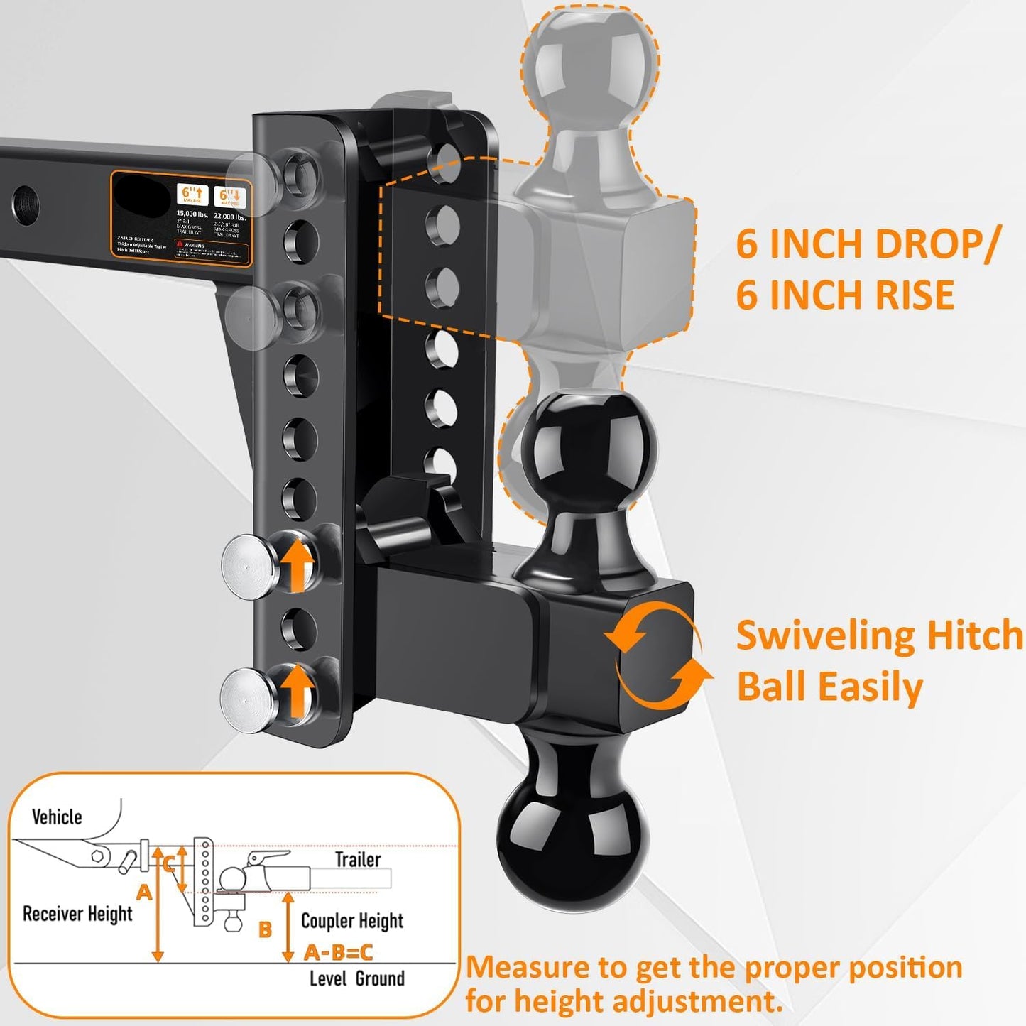 Adjustable 2.5" Trailer Hitch - 6" Drop/Rise, 2"/2-5/16" Balls, 22,000 lb GTW, Anti-Theft Pin (Black)