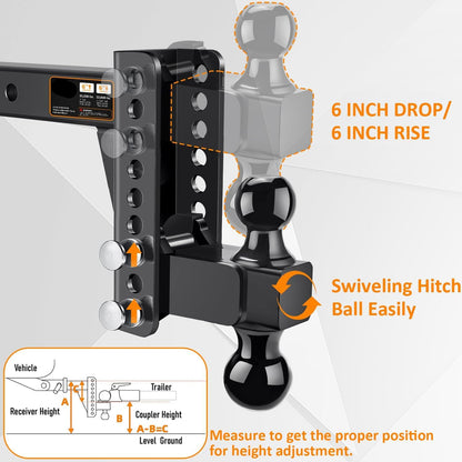 Adjustable 2.5" Trailer Hitch - 6" Drop/Rise, 2"/2-5/16" Balls, 22,000 lb GTW, Anti-Theft Pin (Black)