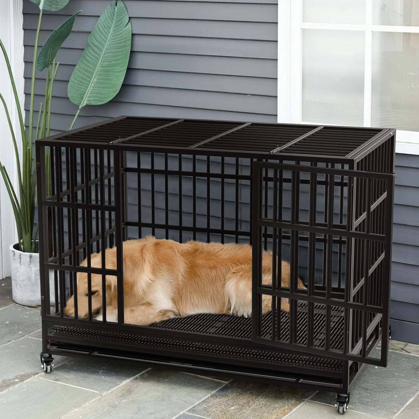 Escape Proof Dog Cage Kennel with Lockable Wheels with Removable Tray