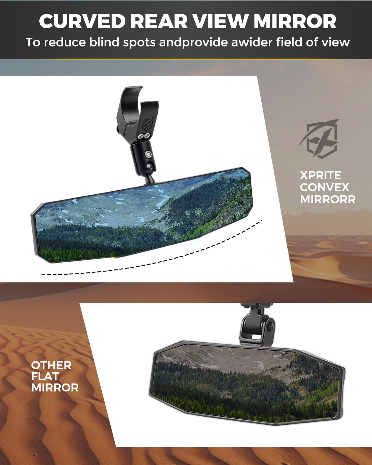 13" UTV Rear View Mirror, SXS UTV Center Mirror w/Interior Lights Adjustable Aluminum Clamp Fits 1.5"-2" Mount Compatible with Polaris Ranger/RZR/Pioneer/Talon/Teryx/Mule/Can Am X3/ CFMOTO