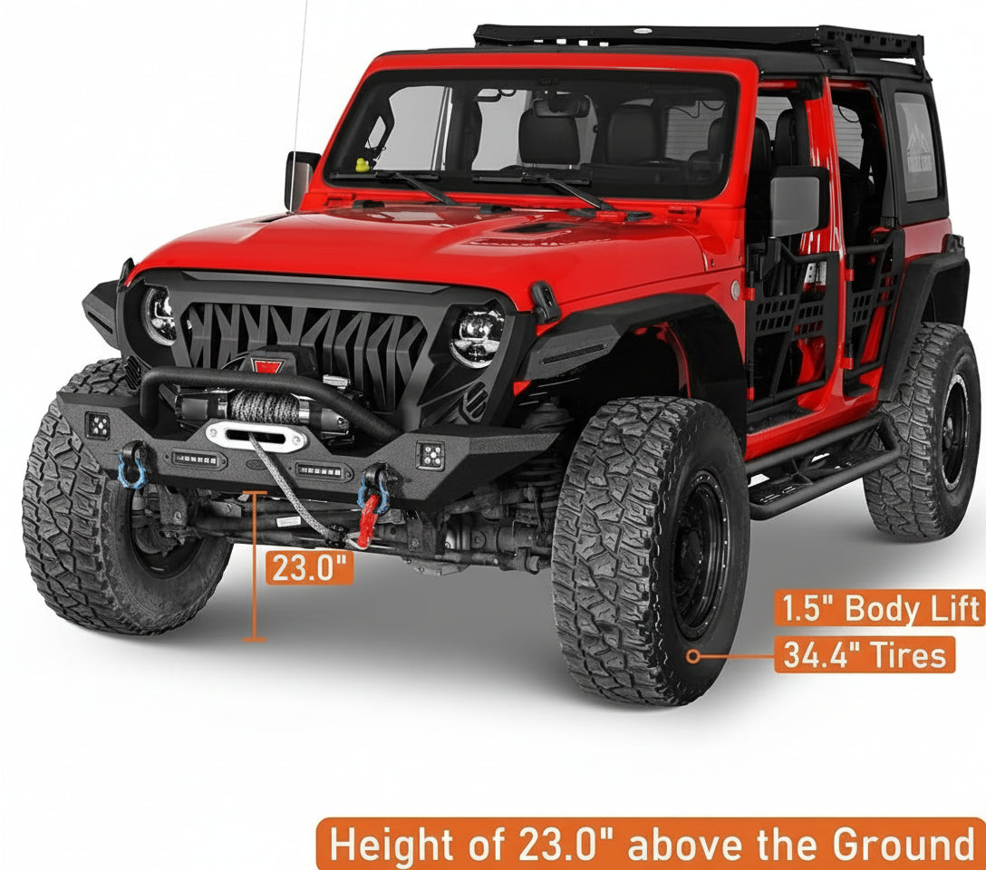 Hooke Road Sturdy Front Bumper for Jeep Gladiator JT (2020-2025) & Wrangler JK JL (2007-2025), Offroad Steel Bumper with Bright Lights D-rings and Built-in Winch Plate