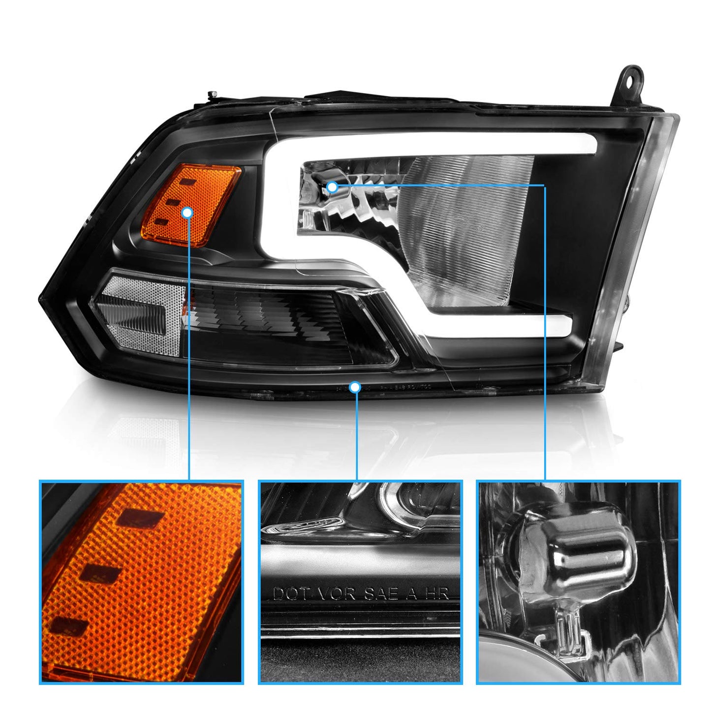 Black LED Bar Headlights for 2009-2018 Dodge Ram 1500/2500/3500 (Pair) - Includes Bulbs