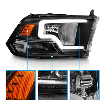 Black LED Bar Headlights for 2009-2018 Dodge Ram 1500/2500/3500 (Pair) - Includes Bulbs
