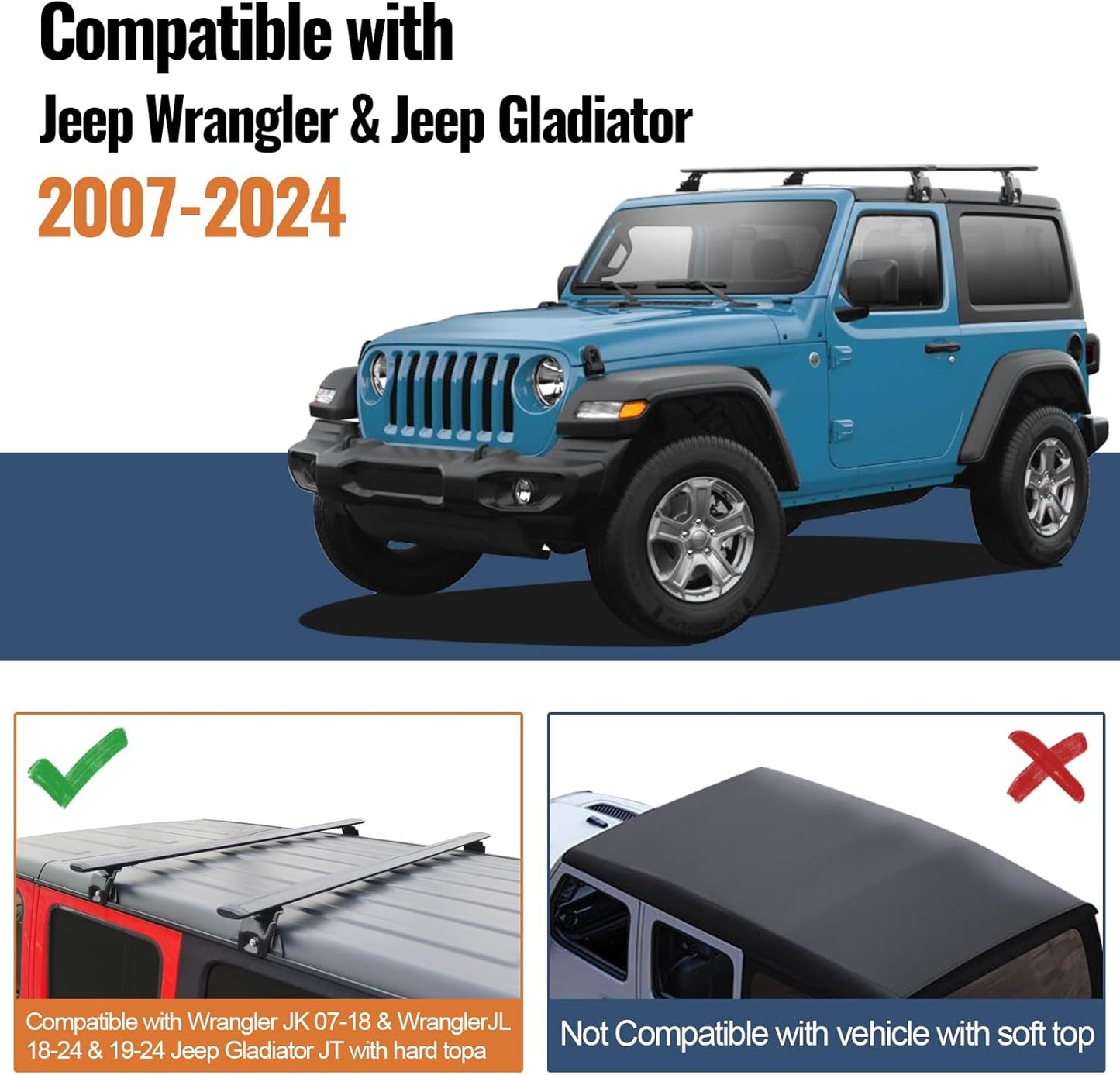 330 lb Roof Rack Cross Bars for 2007-2026 Jeep Wrangler & Gladiator - Aluminum (2/4-Door)