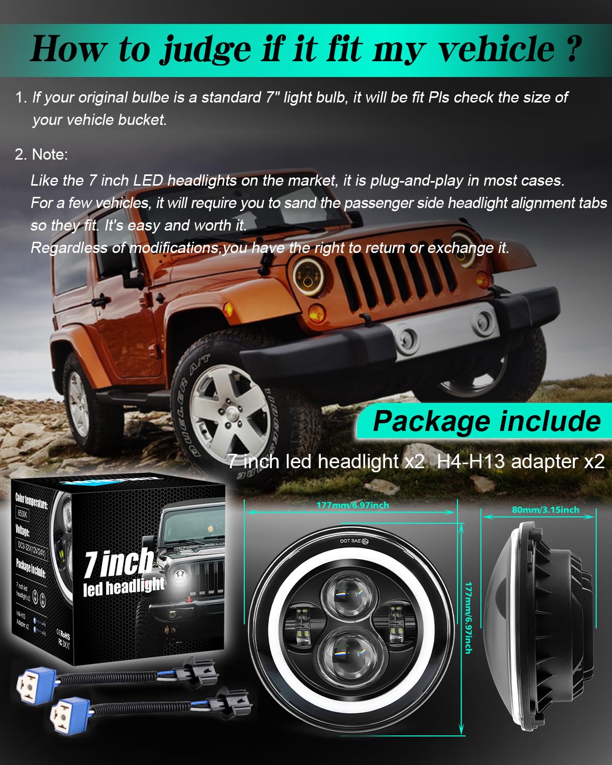 DOT Approved 7" Round LED Headlights with Halo & Signals - Universal Fit