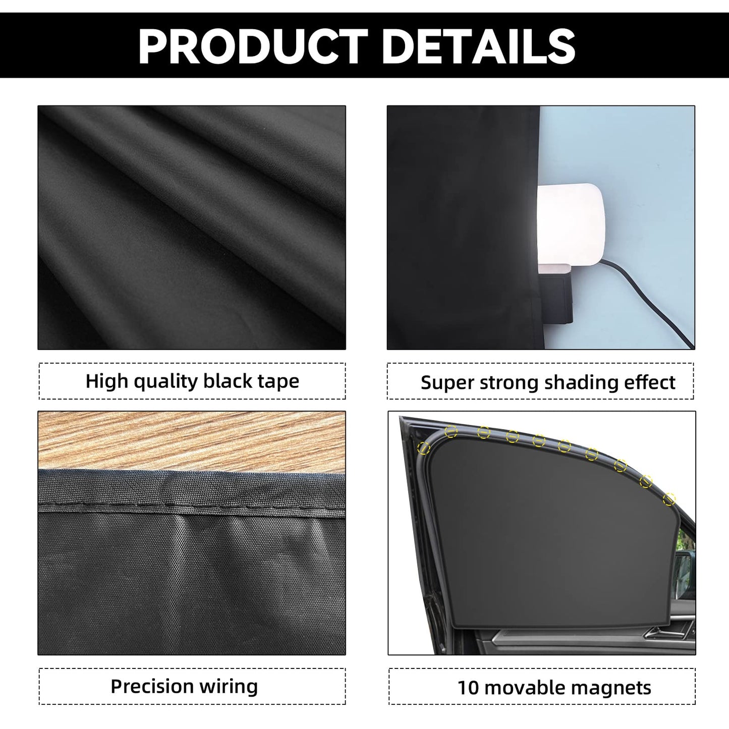 Car Window Sun Shades, Universal Interior, Double-Sided Black (4pcs)