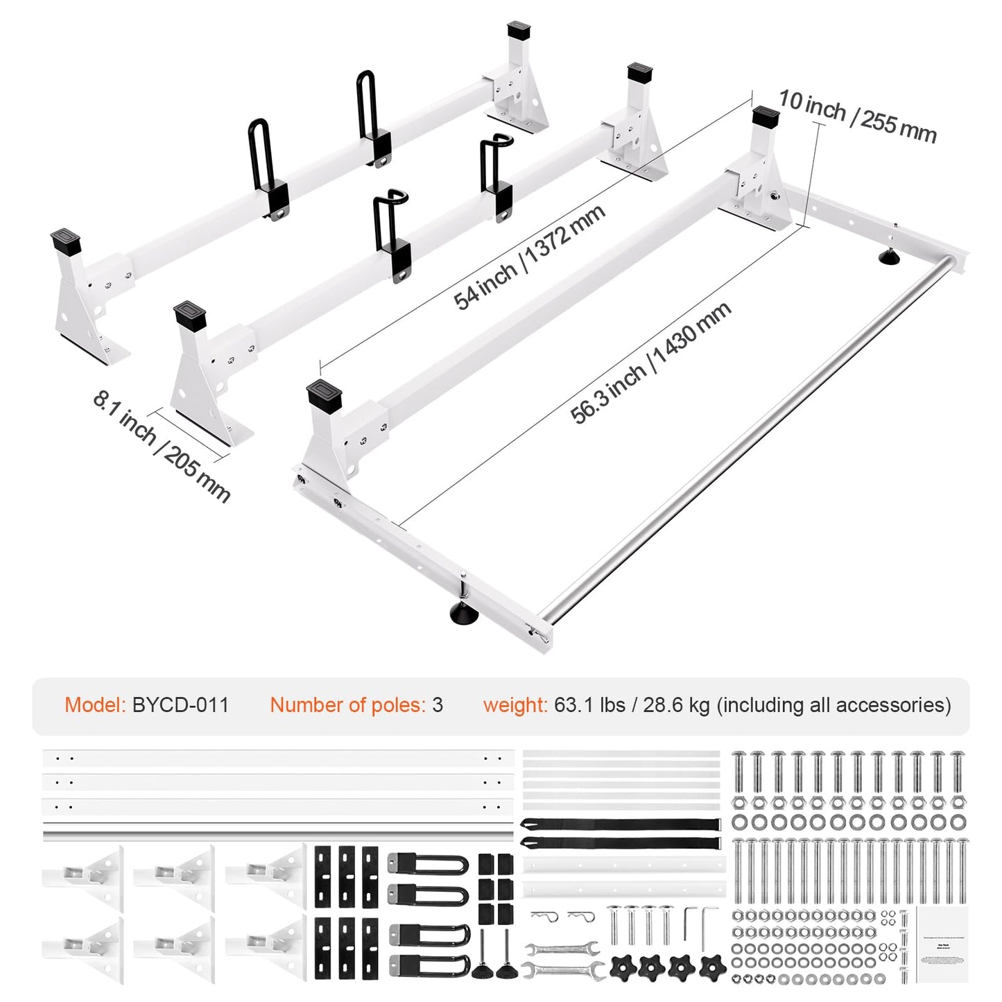 54" Heavy-Duty Van Roof Ladder Rack (3 Bars) - 800 lb Capacity for Ford Transit (2015-2022)