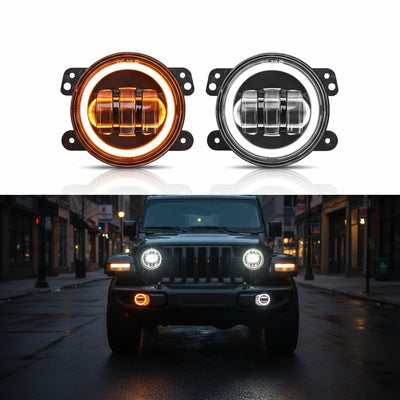 2PCS LED Fog Lights for 2018-2025 Jeep JL & JT - White DRL & Amber Halo, Plug & Play