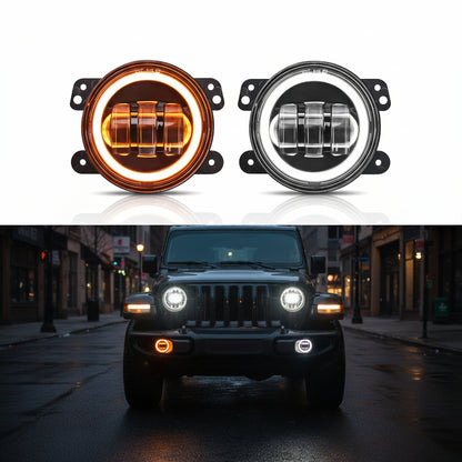 2PCS LED Fog Lights for 2018-2025 Jeep JL & JT - White DRL & Amber Halo, Plug & Play