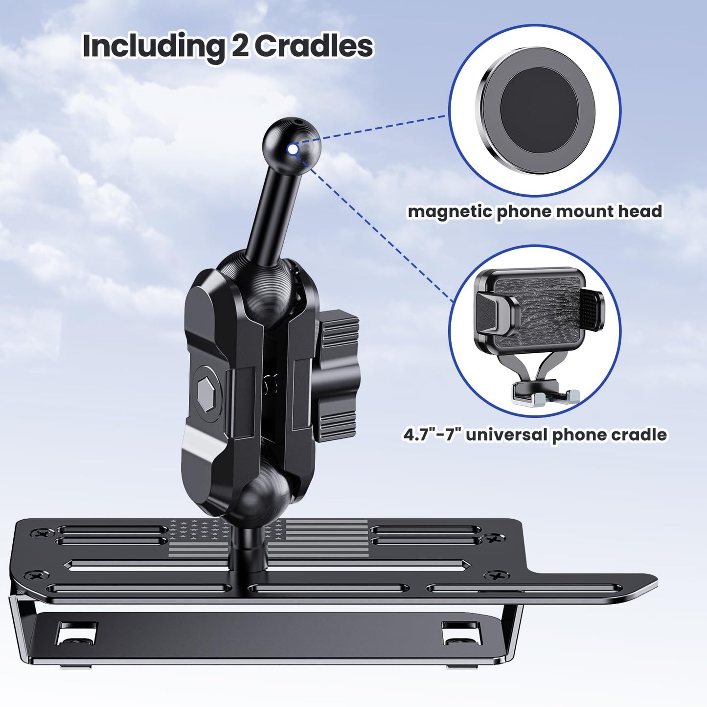 Steel Phone Mount for 2019+ Ram 1500/2500/3500/TRX - Dual Head Magnetic & Clamp, USA Flag Design, OEM Dash Screw Mount