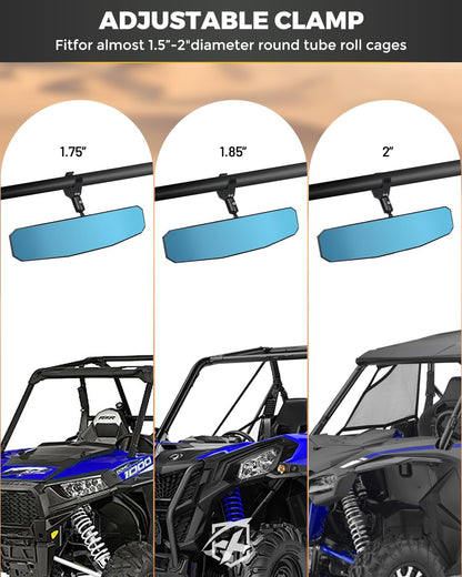 13" UTV Rear View Mirror, SXS UTV Center Mirror w/Interior Lights Adjustable Aluminum Clamp Fits 1.5"-2" Mount Compatible with Polaris Ranger/RZR/Pioneer/Talon/Teryx/Mule/Can Am X3/ CFMOTO