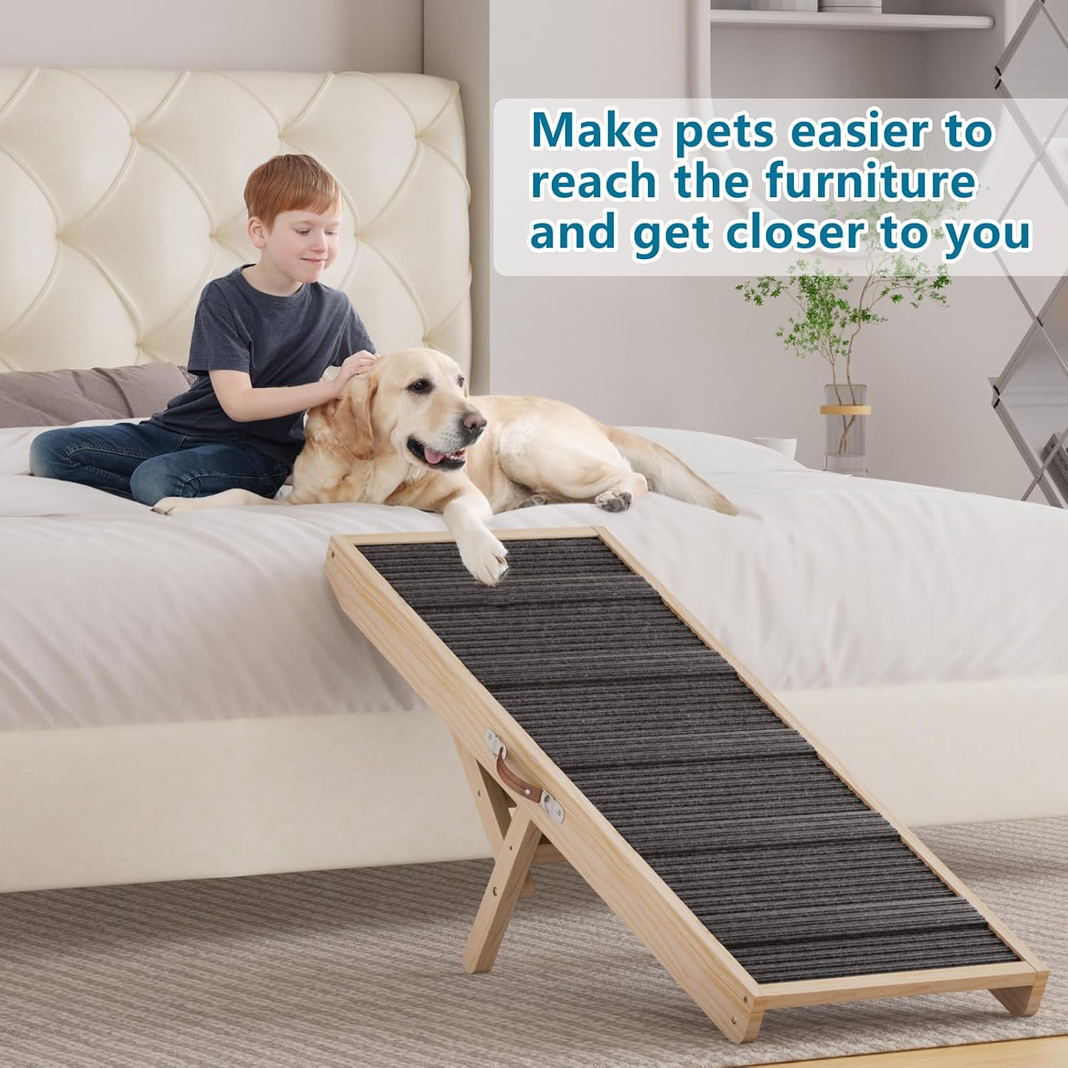 Tresbro Dog Ramp for Bed, 47.24'' Long Pet Ramp with Adjustable 14.56'' to 24'' Height, Portable Dog Ramp Hold up to 200LBS with Anti-Slip Mat & Carrying Handle for Small & Medium Dogs to Get on Couch
