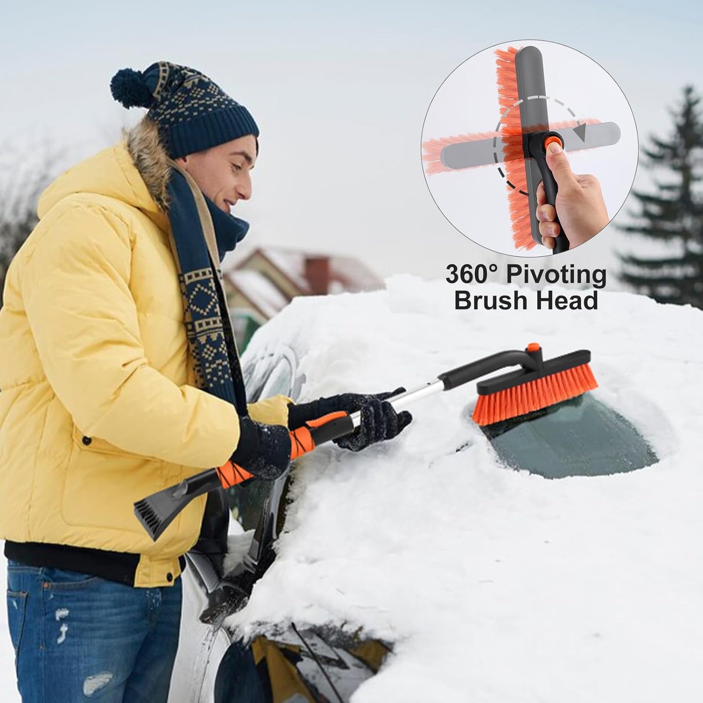 33" Extendable Snow Brush with Detachable Ice Scraper - 360° Pivot (Orange)