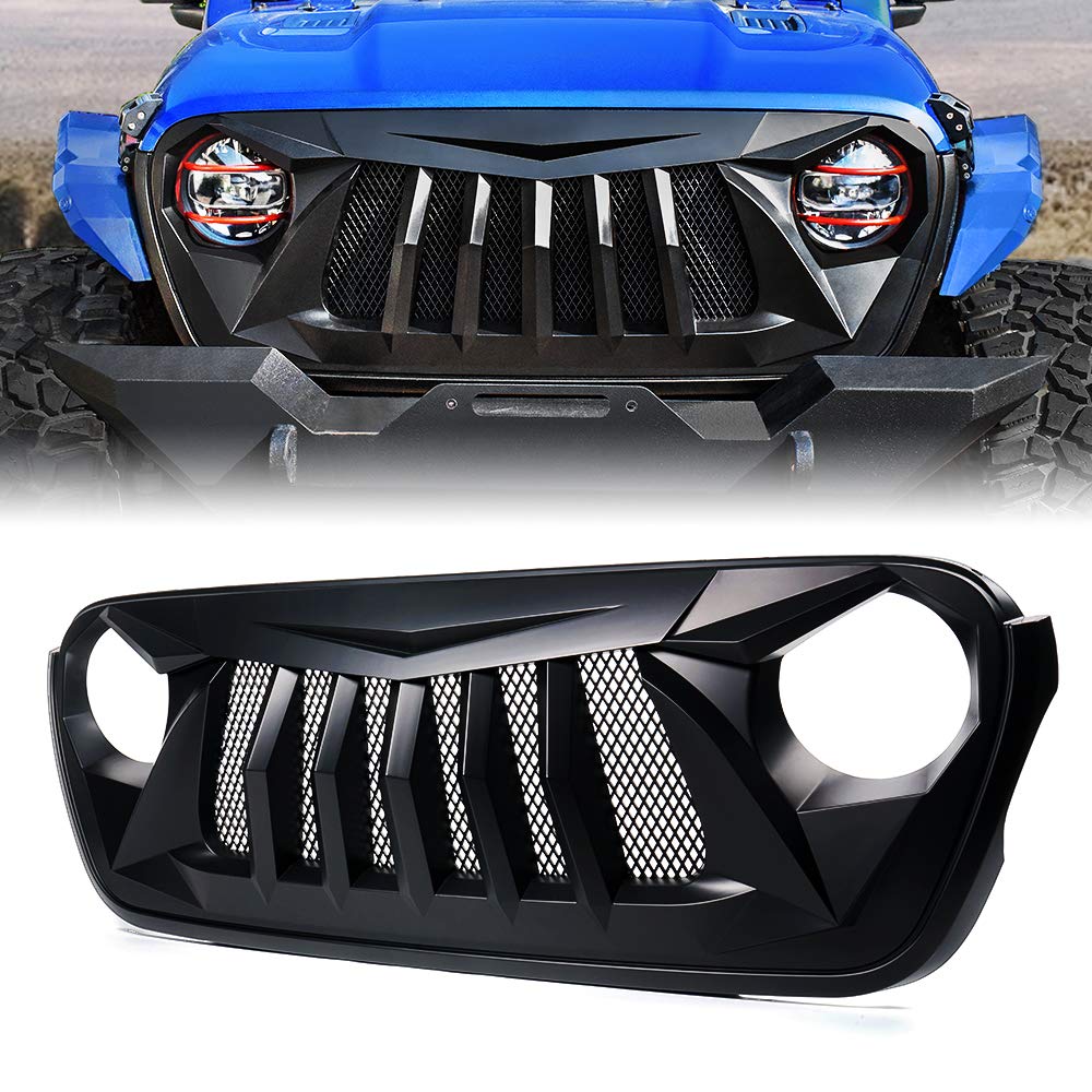 Matte Black Front Grill Grid Grille w/Mesh Compatible with Jeep Wrangler Rubicon Sahara Sport JK 2007-2018