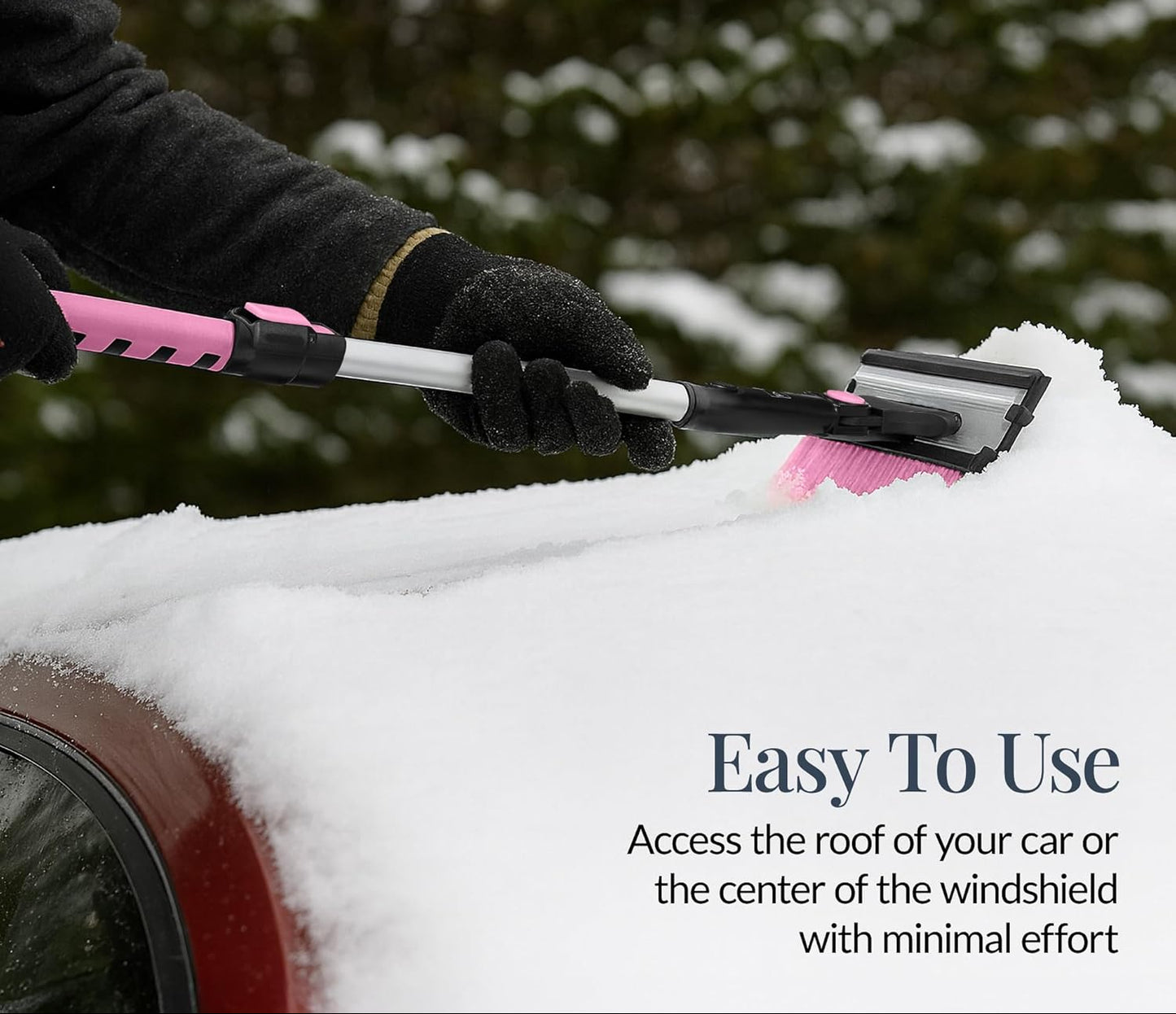 39" Extendable Snow Brush with Squeegee & Ice Scraper - 270° Pivot, Pink
